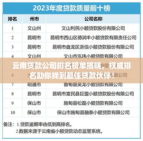 云南贷款公司排名榜单揭晓，权威排名助你找到最佳贷款伙伴！