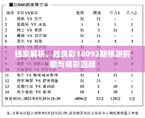 独家解析，胜负彩18092期预测前瞻与精彩回顾